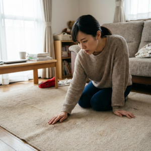 examining dirty carpet