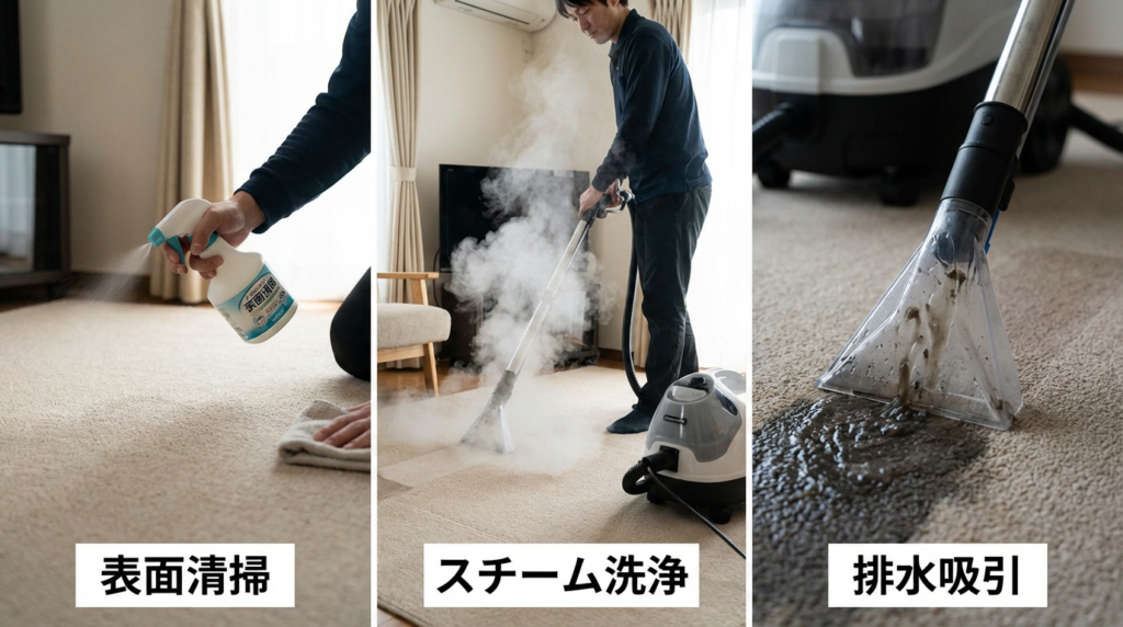 comparison image of three carpet cleaning methods
