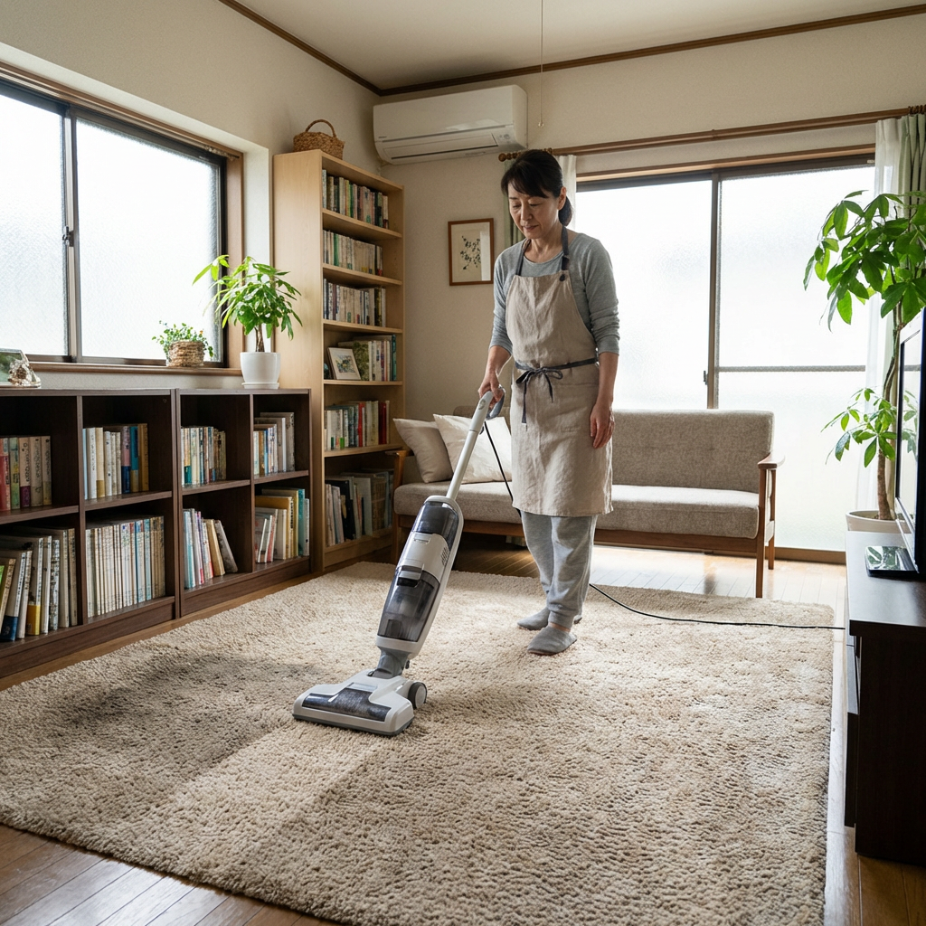 Japanese person using carpet cleaner