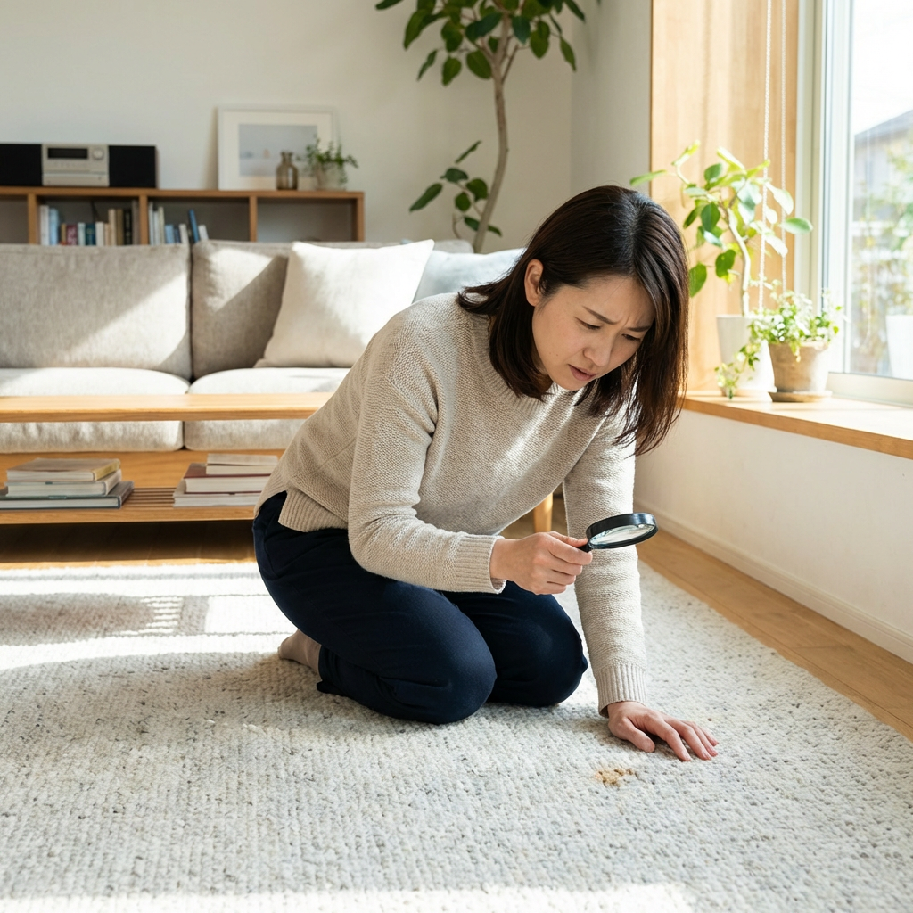 Japanese woman examining carpet