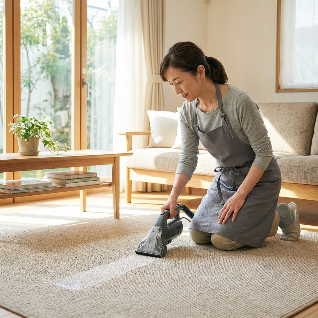 Japanese person cleaning carpet