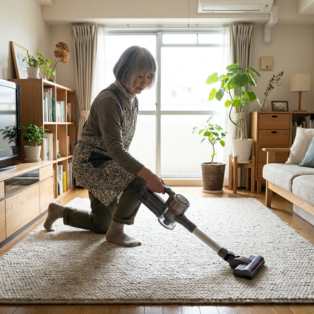 Japanese person vacuuming carpet.png