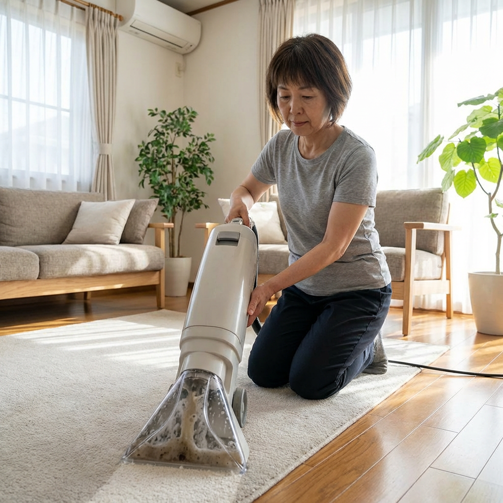 Japanese person cleaning carpet