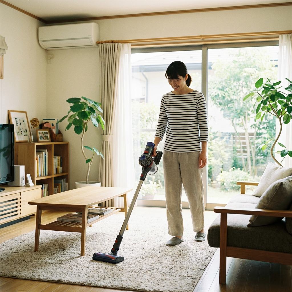Japanese Family Living Room Vacuuming